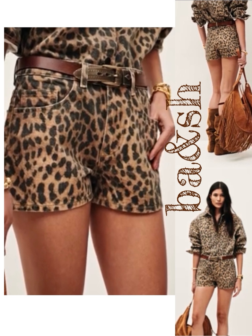 ba&sh Beige Leopard-Print High-Rise Denim Shorts